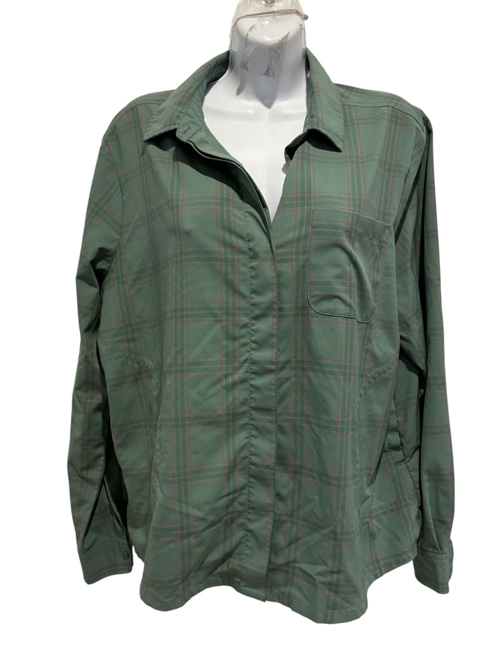 TITLE NINE Women’s Tuolumne Tech Shirt Plaid Green Hiking Outdoors Size Large